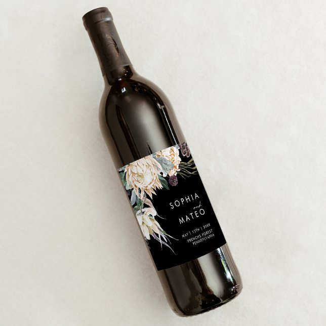White Floral | Black Wedding Wine Label (Creator Uploaded)