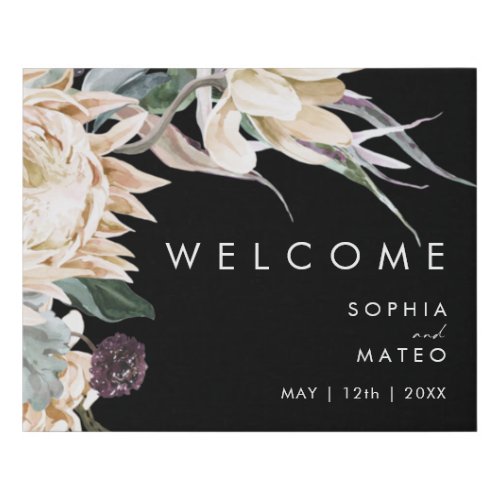 White Floral  Black Welcome Faux Canvas Print