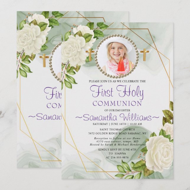 White Floral Bloom Photo First Communion Invitatio Invitation (Front/Back)