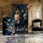 White Floral Blossoms Branches Navy Background