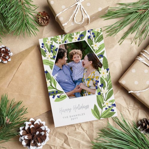 White Floral Blue Berries Hexagon Happy Holidays Foil Holiday Card