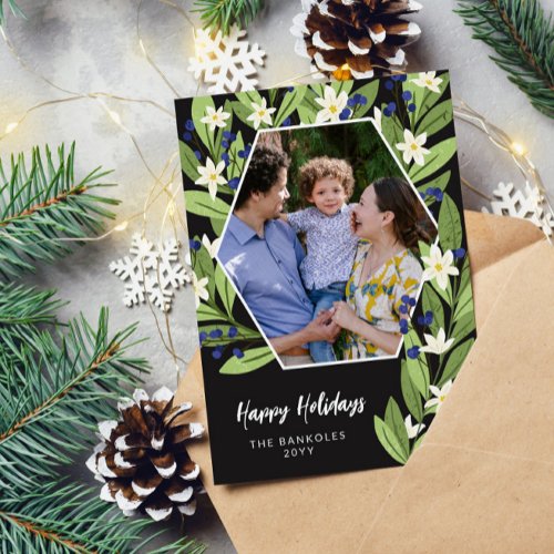 White Floral Blue Berries Hexagon Happy Holidays Holiday Card