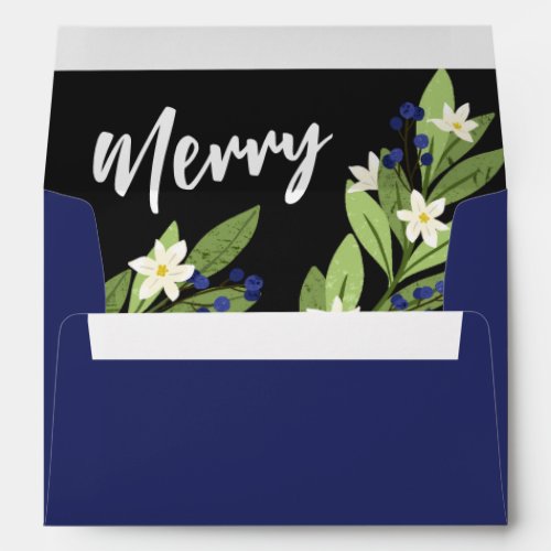 White Floral Blue Berry Greenery Lining Merry Envelope