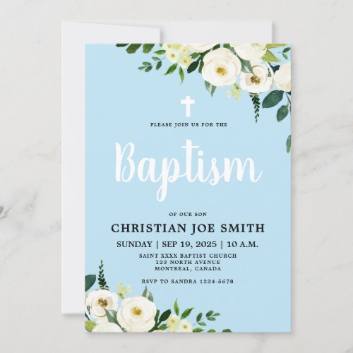 White Floral Blue Boy Baptism invitation