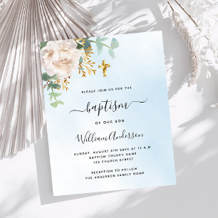 White floral blue boy baptism invitation