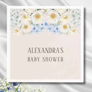 White Floral Blue Hydrangea Garden Baby Shower Napkins
