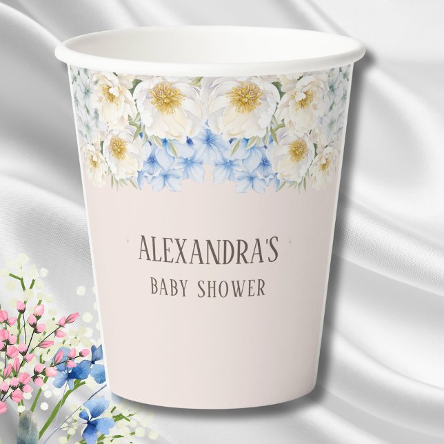 White Floral Blue Hydrangea Garden Baby Shower Paper Cups (Creator Uploaded)