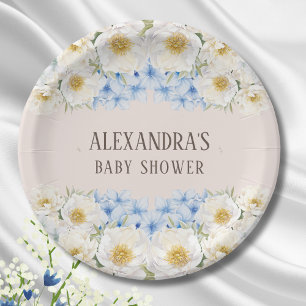 White Floral Blue Hydrangea Garden Baby Shower Paper Plates