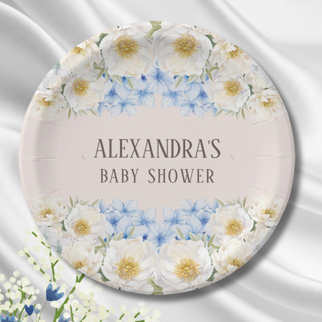 White Floral Blue Hydrangea Garden Baby Shower Paper Plates (Creator Uploaded)