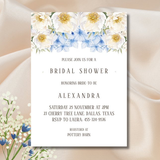 White Floral Blue Hydrangea Garden Bridal Shower Invitation (Creator Uploaded)