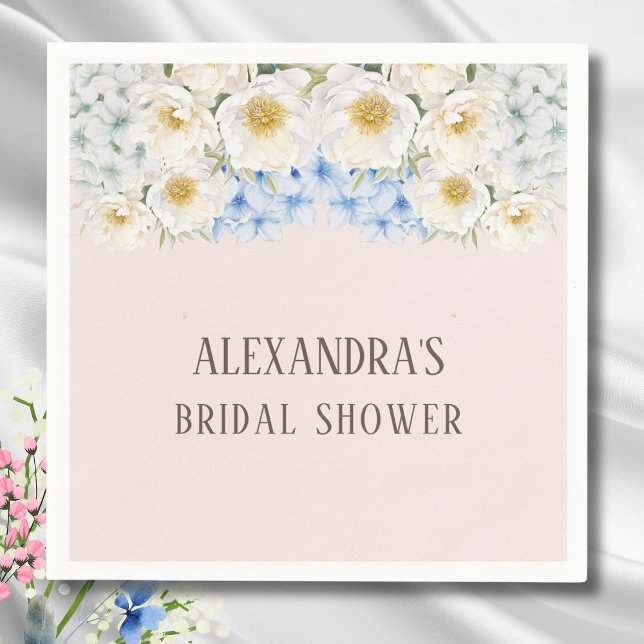 White Floral Blue Hydrangea Garden Bridal Shower Napkins (Creator Uploaded)