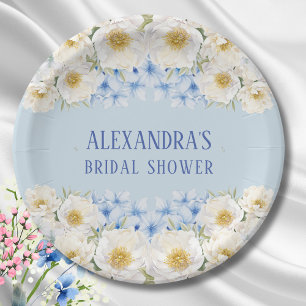 White Floral Blue Hydrangea Garden Bridal Shower Paper Plates