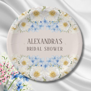 White Floral Blue Hydrangea Garden Bridal Shower Paper Plates