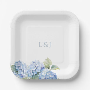 White Floral Blue Hydrangea Initials Wedding Paper Plates