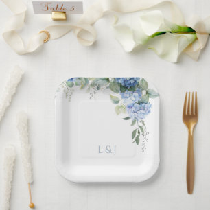 White Floral Blue Hydrangea Initials Wedding Paper Plates
