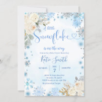 White Floral Blue Snowflake On The Way Baby Shower Invitation
