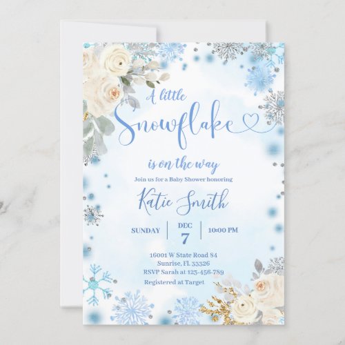 White Floral Blue Snowflake On The Way Baby Shower Invitation