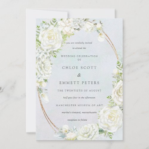 White Floral Blue Watercolor Wedding Invitation