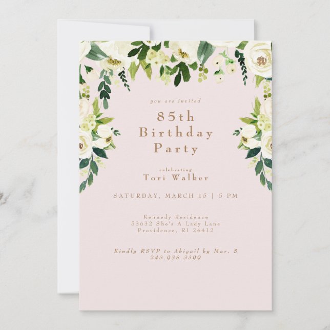 White Floral Blush 85th Birthday Party Invitation (Front)