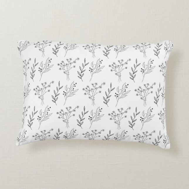 White Floral Bohemian Botanical Pattern Accent Pillow (Back)