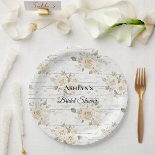 White Floral Boho Bridal Shower Paper Plates