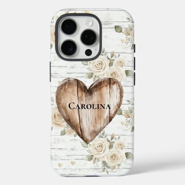 White Floral Boho Faux Wood Heart Case-Mate iPhone Case (Back)