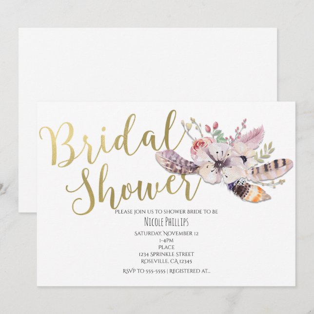 White Floral Boho Gold Bridal Shower Invitations (Front/Back)