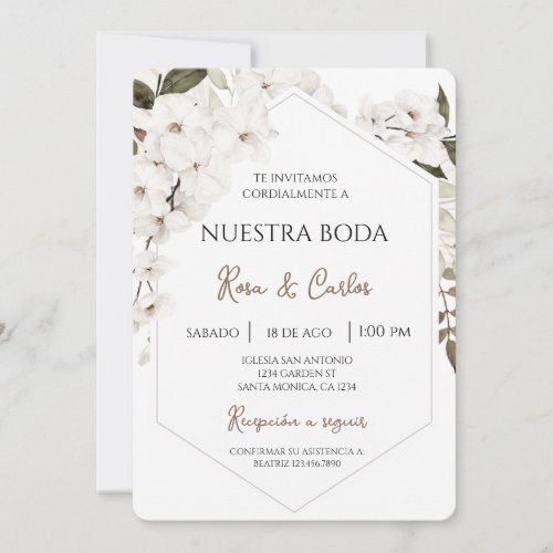 White Floral Boho Spanish Wedding Invitation