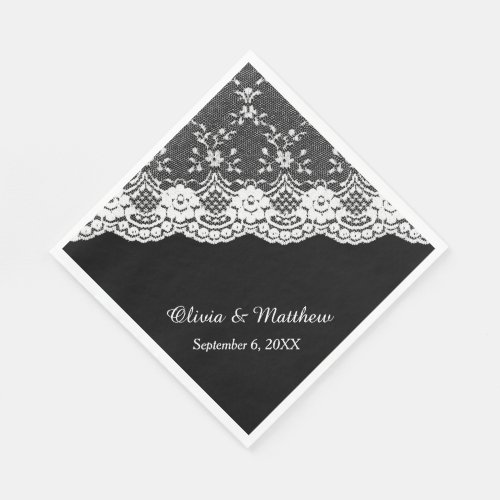 White Floral Border Lace on Black Wedding Napkins