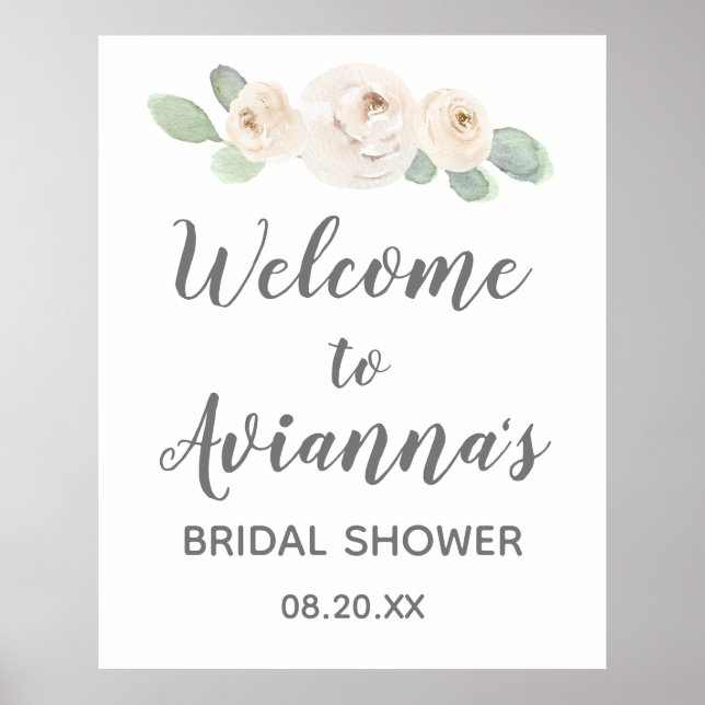 White Floral Botanical Bridal Shower Welcome Sign (Front)