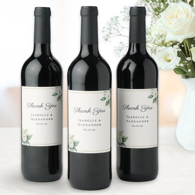 White Floral Botanical Greenery Elegant Wedding Wine Label (Personalized wine bottle labels with couple's names and date, 'Thank You' message and floral motifs)