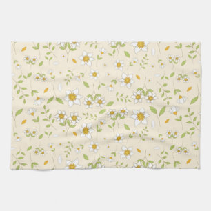 White Floral Botanical Pattern on Cream Kitchen Towel