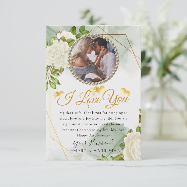 White Floral Botanical Photo Wife Anniversary Card (Standing Front)