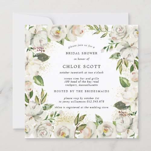 White Floral Botanical Square Bridal Shower Invita Invitation