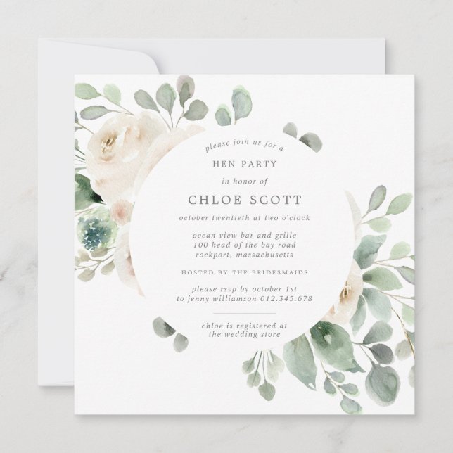 White Floral Botanical Square Hen Party Invitation (Front)