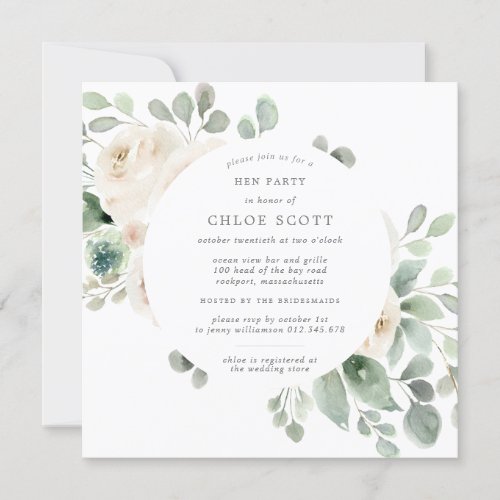 White Floral Botanical Square Hen Party Invitation