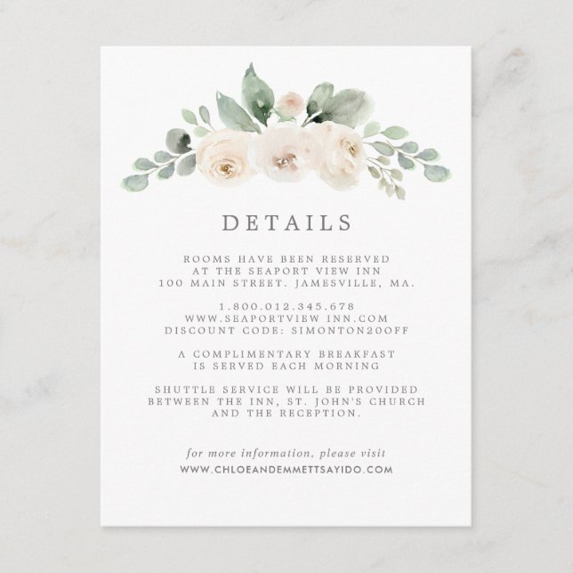 White Floral Botanical Wedding Guest Details Enclosure Card (Front)