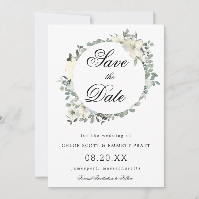White Floral Botanical Wedding Save The Date (Front)