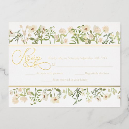 White Floral Botanical Wildflowers RSVP Real Gold Foil Invitation Postcard