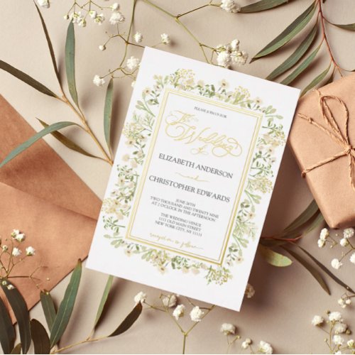 White Floral Botanical Wildflowers Wedding Gold Foil Invitation