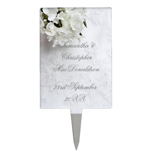 White floral bouquet and wedding dress cake topper (Front)