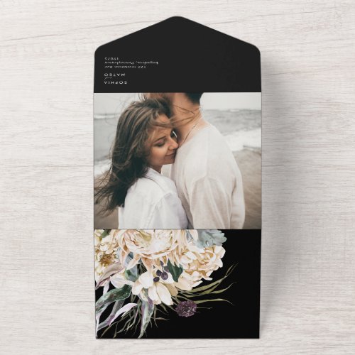 White Floral Bouquet  Black Photo Seal And Send All In One Invitation