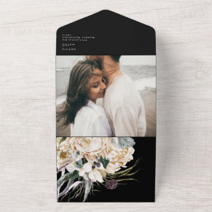 White Floral Bouquet Black Photo Seal And Send All In One Invitation
