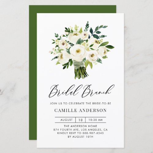 White Floral Bouquet Bridal Brunch Invitation - Invite guests to your event with this customizable bridal brunch invitation. It features watercolour floral bouquet of white flowers. Personalize by adding your own details. This white floral brunch shower invitation is perfect for spring bridal showers and winter bridal showers.
