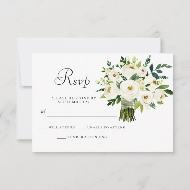 White Floral Bouquet Elegant Wedding RSVP (Front)