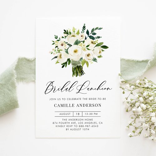 White Floral Bouquet Spring Bridal Luncheon Invitation