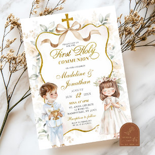 White Floral Boy and Girl First Holy Communion Invitation
