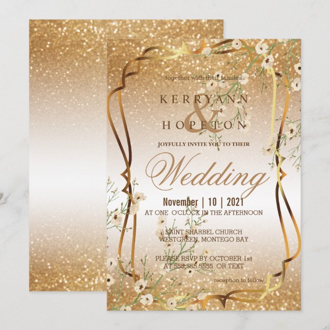 White Floral Branch and Gold Glitter Invitation (Front/Back)