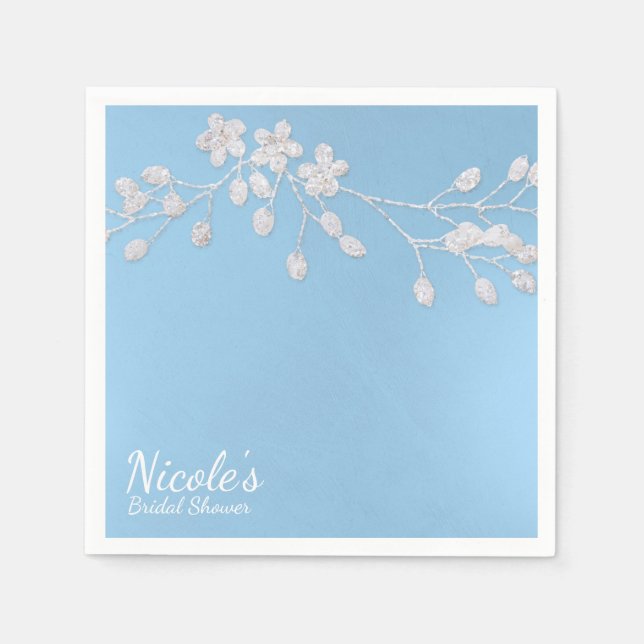 White Floral Branch Blue Bridal Shower Custom Chic Napkins (Front)
