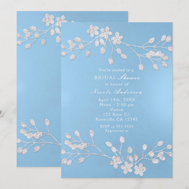 White Floral Branch Blue Bridal Shower Invitations (Front/Back)